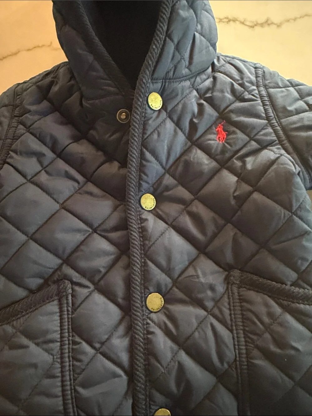 Ralph Lauren Navy Quilted Hooded Baby Footed One-Piece, Winter suit